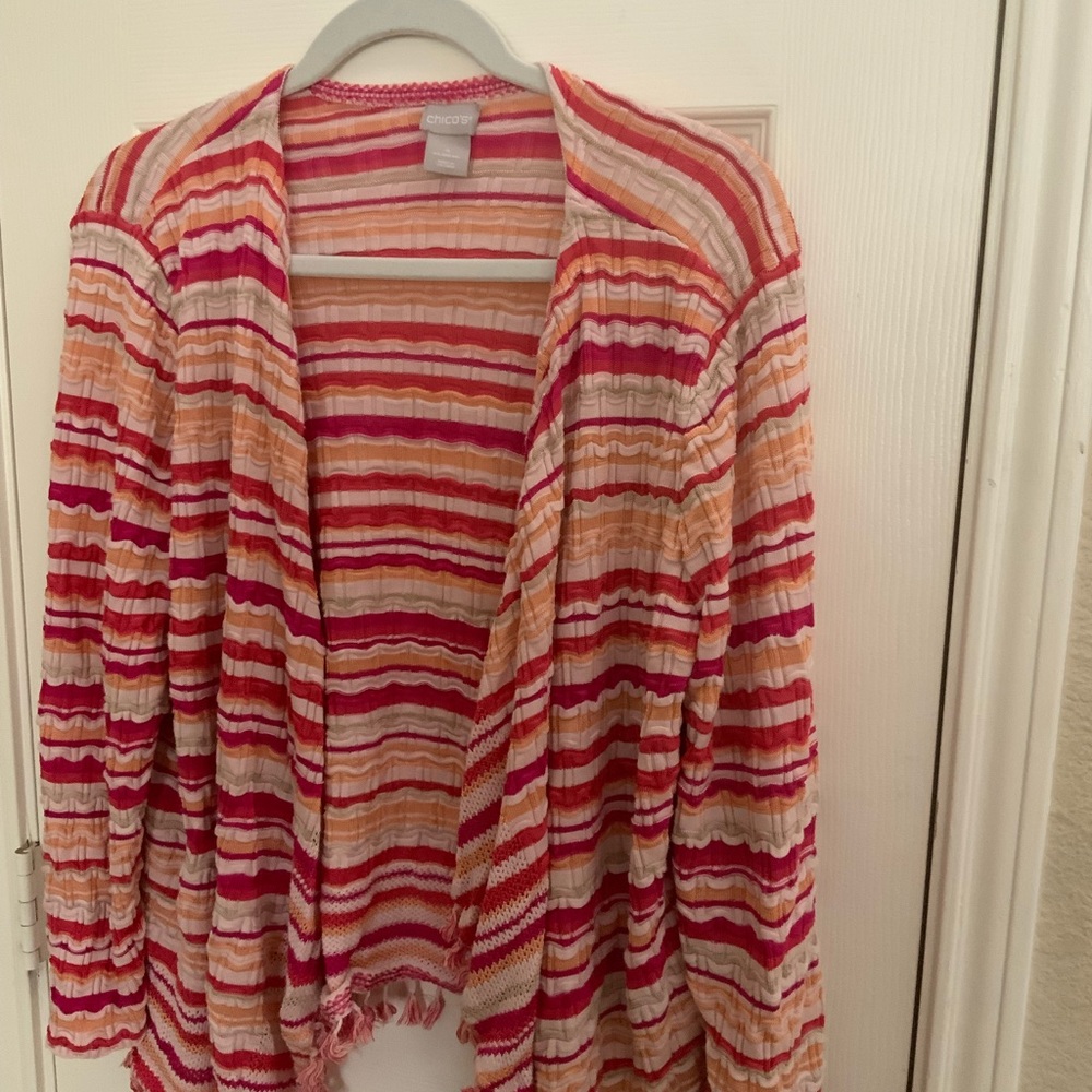 CHICO’S OPEN FRONT FRINGE CARDIGAN EXCELLENT CONDITION SIZE S Pink/Orange